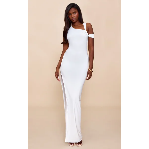 White Double Layer Slinky Ruched Shoulder Maxi Dress
