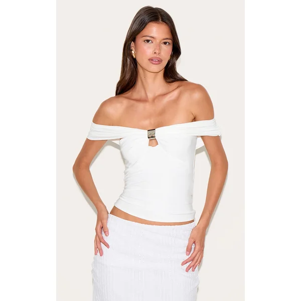 White Double Layer Slinky Trim Detail Bardot Long Top