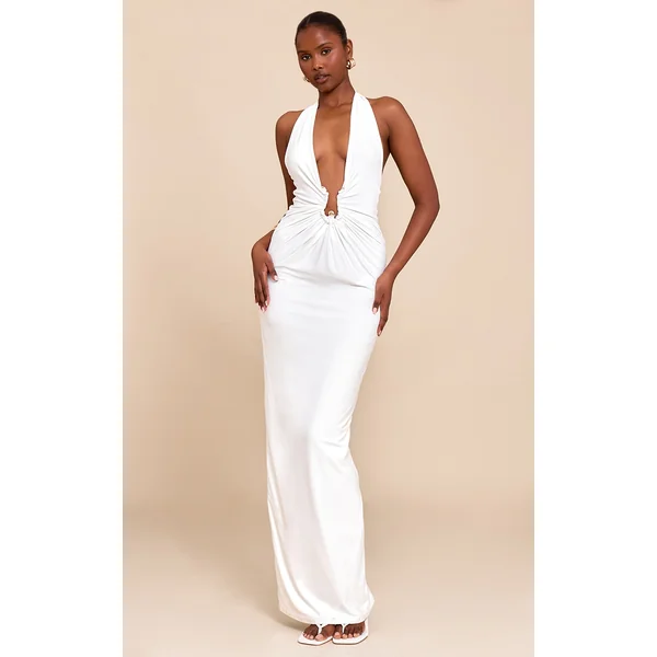 White Double Layer Soft Touch Trim Detail Maxi Dress