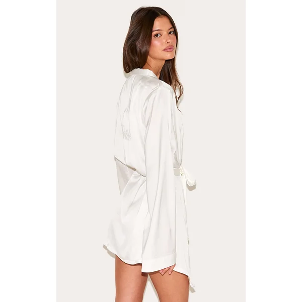 White Embroidered Bride Satin Robe