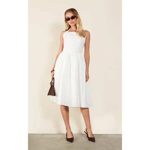 White Embroidered Cotton Halterneck Midaxi Dress