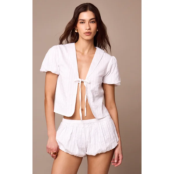 White Embroidered Cotton Tie Front Blouse