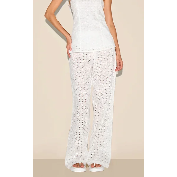 White Embroidered Mid Rise Pants