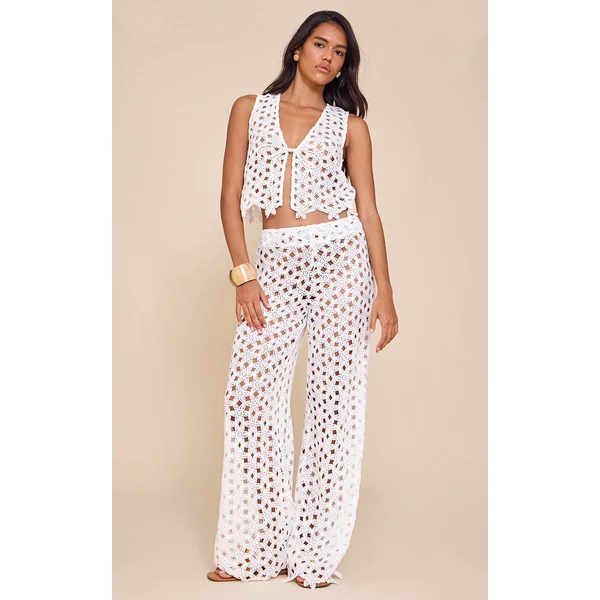 White Embroidered Straight Leg Pants