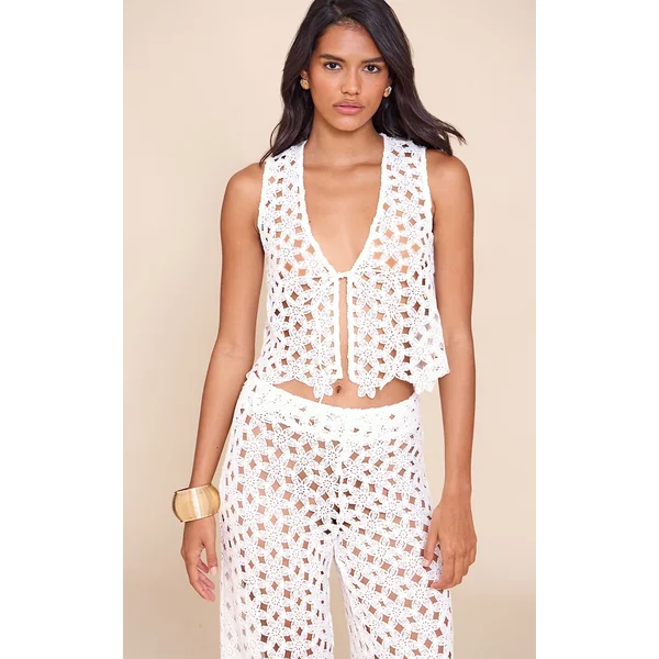 White Embroidered Tie Front Vest
