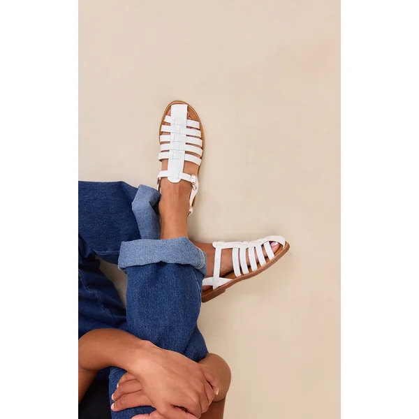 White Faux Leather Gladiator Cage Flat Sandals
