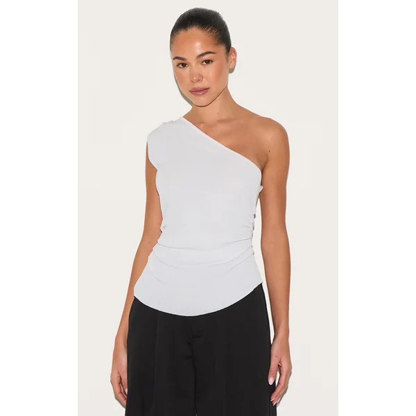 White Fine Knit One Shoulder Ruched Side Top