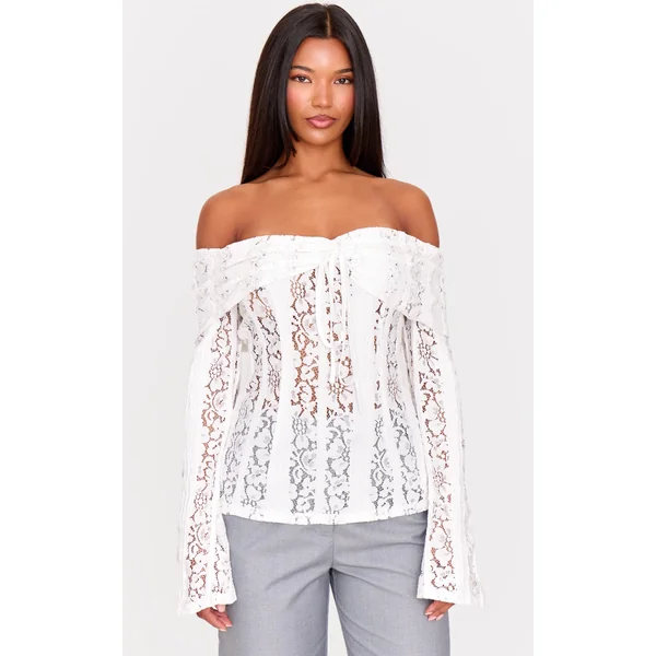 White Fitted Lace Flared Sleeve Bardot Top