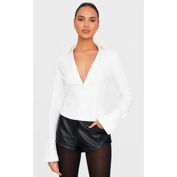 White Fitted Plunge Shirt