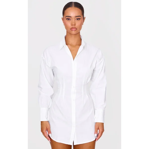 White Fitted Waist Long Sleeve Button Shirt Dress