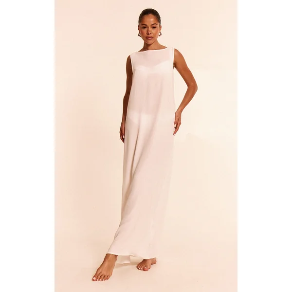 White Floaty Woven Boat Neck Maxi Beach Dress