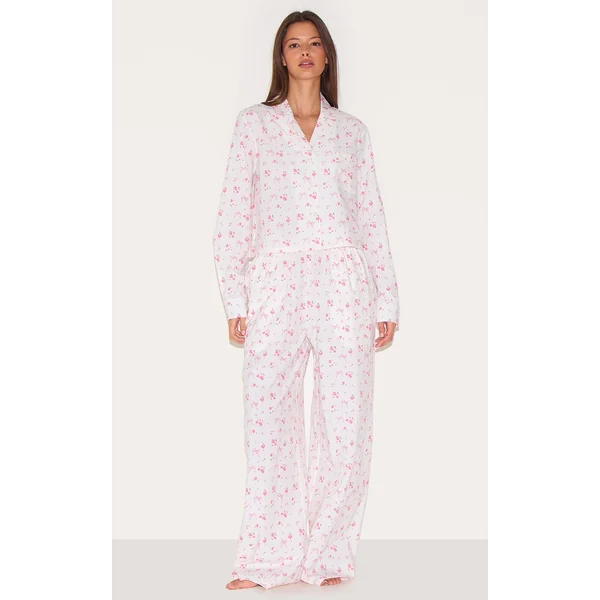 White Floral Bow Print Woven Long Pj Set