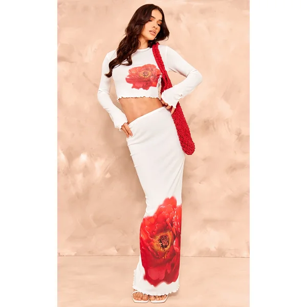 White Floral Print Maxi Skirt