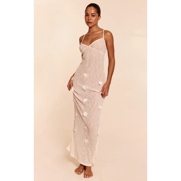 White Flower Applique Knit Maxi Beach Dress