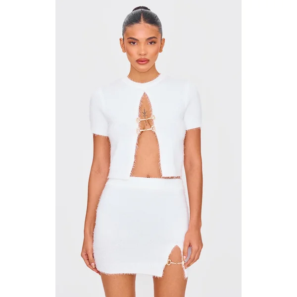 White Fluffy Knit Embellished Top