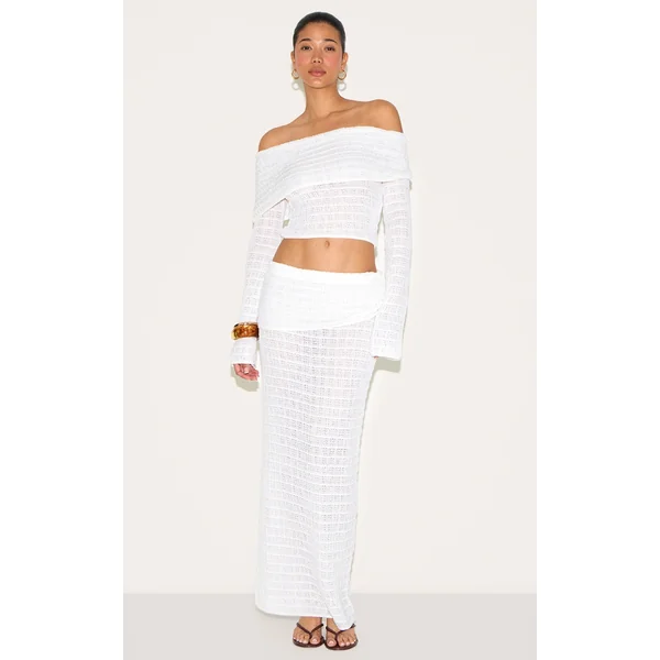 White Fold Over Textured Knit Skirt