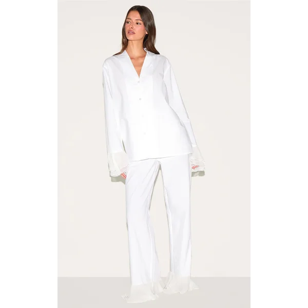 White Frilled Hem Cotton Long Pj Set