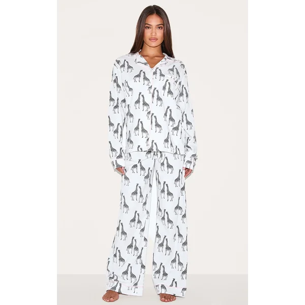 White Giraffe Print Jersey Piping Detail Long Pj Set