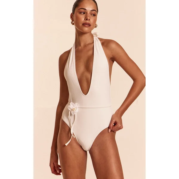White Halter Neck Plunge Belted Swimsuit