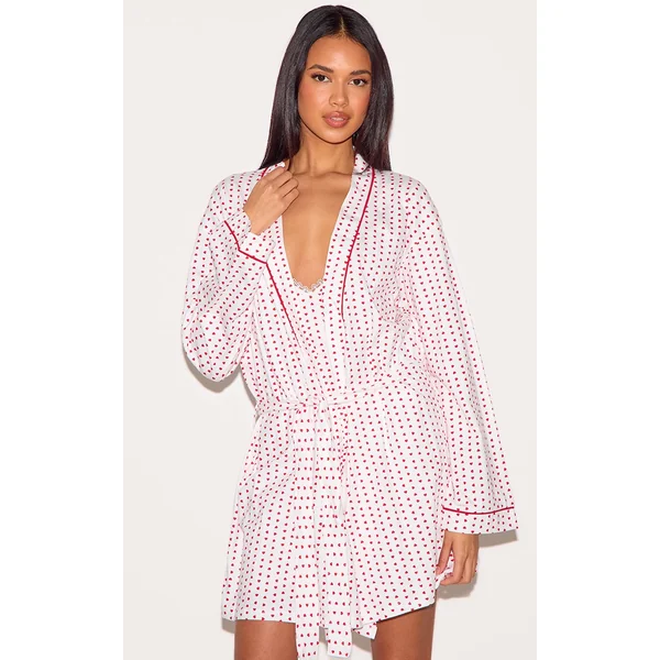 White Heart Print Jersey Robe