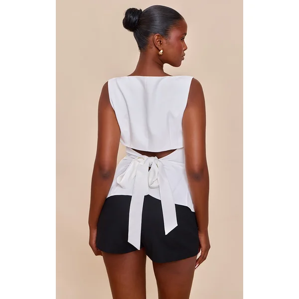 White Heavy Woven Tie Back Detail Structured Top