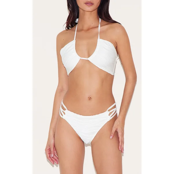 White High Leg Textured Bikini Bottoms
