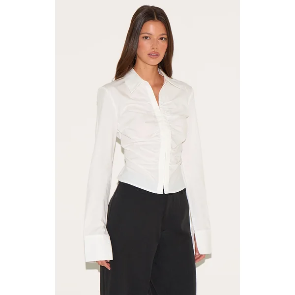 White Hook And Eye Ruched Fitted Shirt