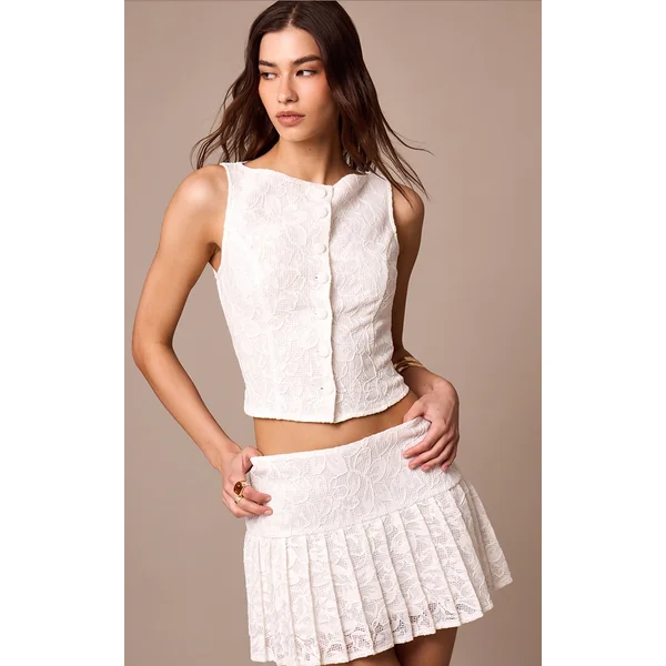 White Lace Button Up Boatneck Top