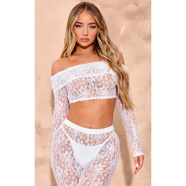 White Lace Long Sleeve Bardot Foldover Top