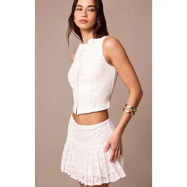White Lace Pleated Mini Skirt