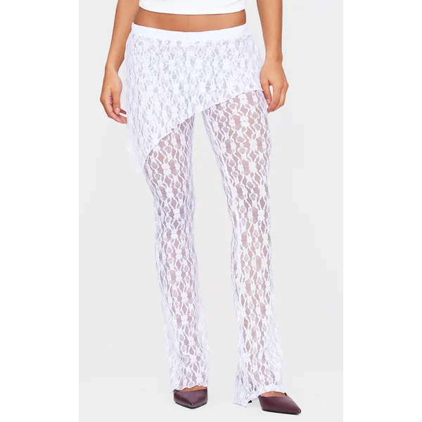 White Lace Skirt Overlay Detail Straight Leg Pants