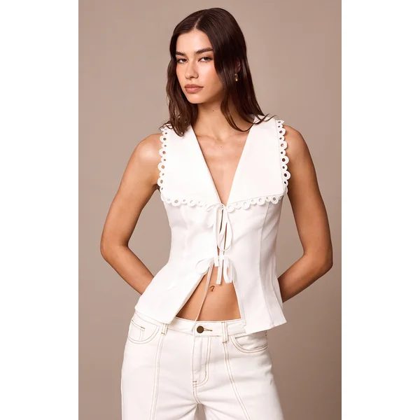 White Lace Trim Detail Tie Up Blouse