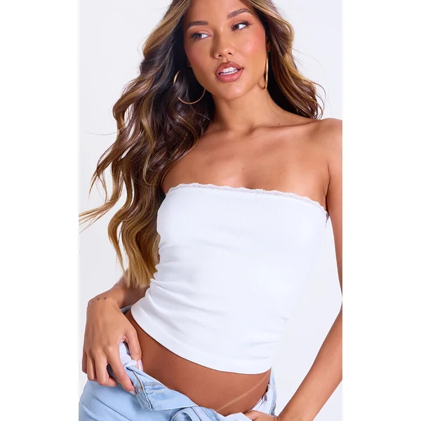 White Lace Trim Snatched Rib Bandeau Top