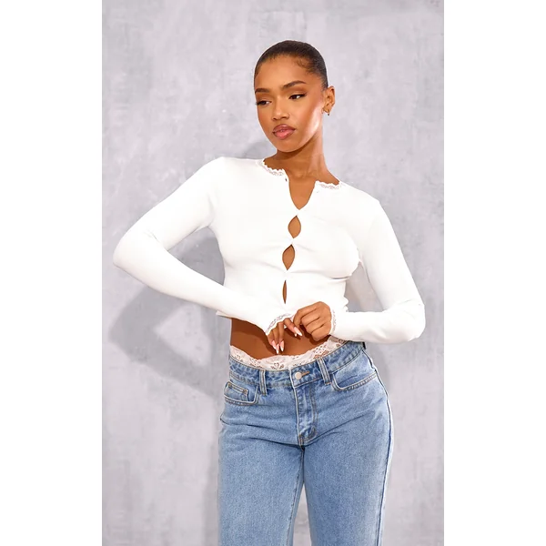 White Lace Trim Snatched Rib Button Up Long Sleeve Top