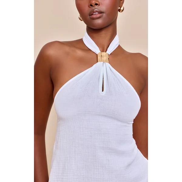 White Lightweight Woven Halterneck Trim Detail Top