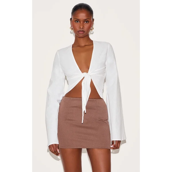 White Lightweight Woven Knot Front Drape Detail Blouse