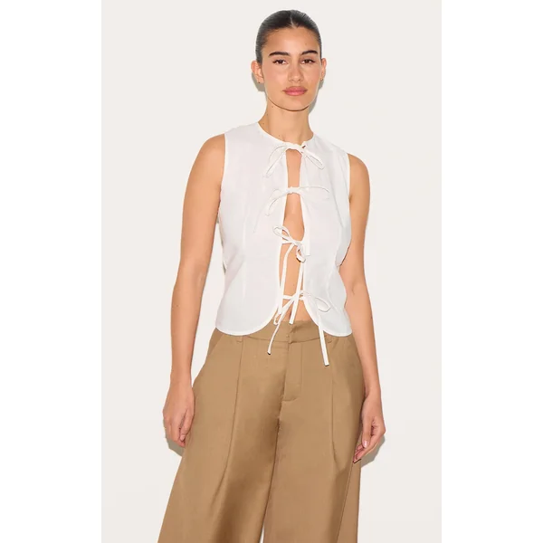 White Lightweight Woven Tie Front Vest
