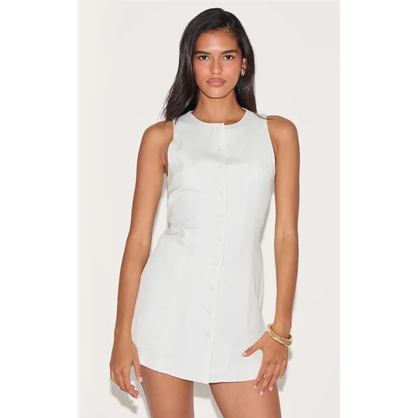 White Linen A Line Cinched Back Skort Romper