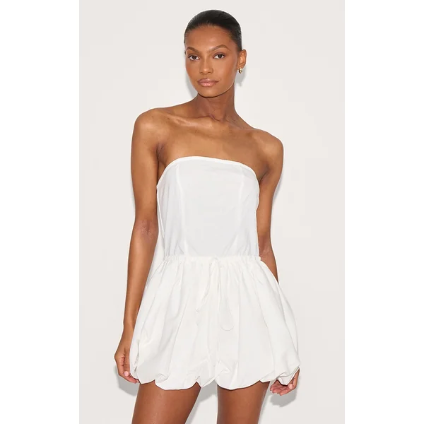 White Linen Bandeau Tie Waist Puffball Dress