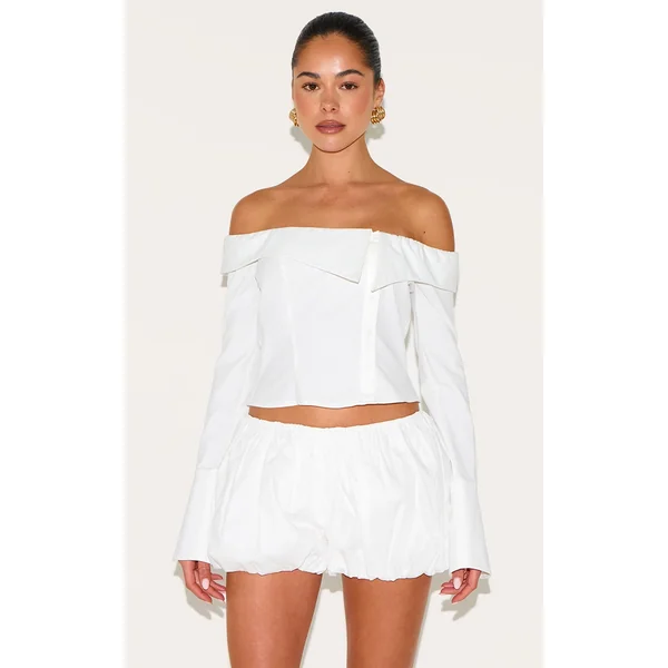 White Linen Blend Bardot Button Up Shirt