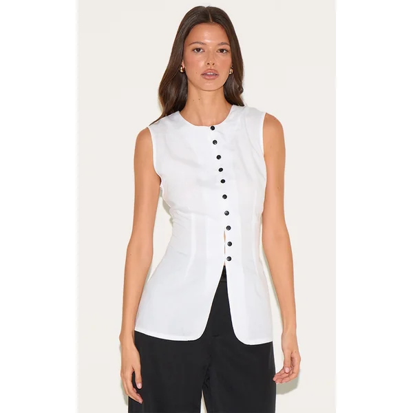 White Linen Blend Button Vest