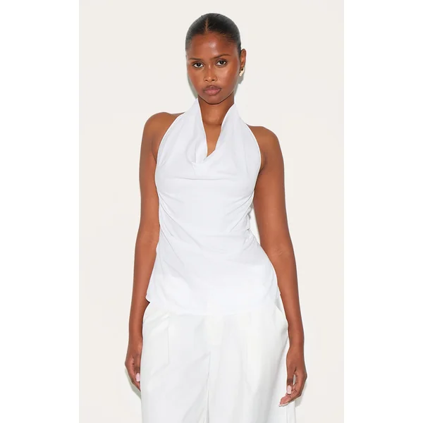 White Linen Blend Cowl Neck Backless Long Top