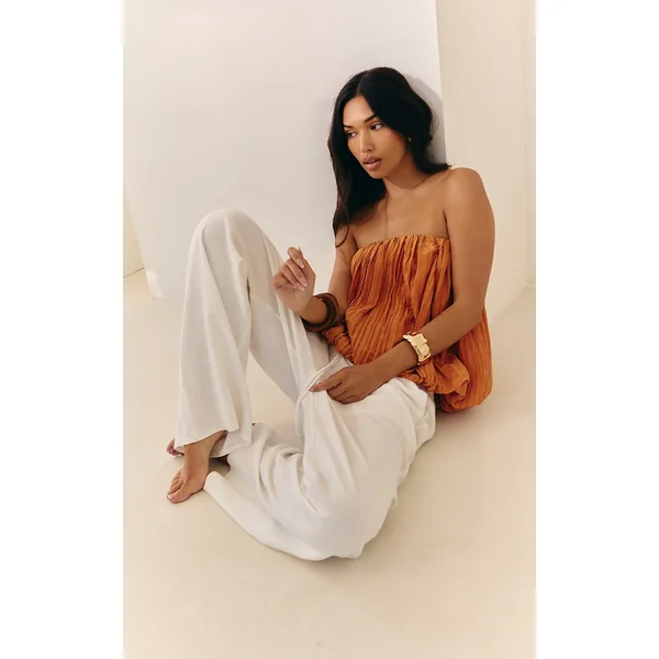 White Linen Blend Drawstring Tie Straight Leg Pants