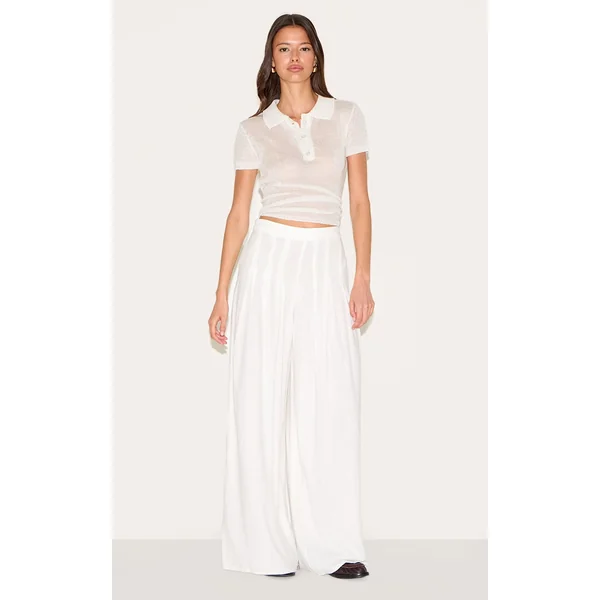 White Linen Blend Floaty Pin Tuck Wide Leg Pants