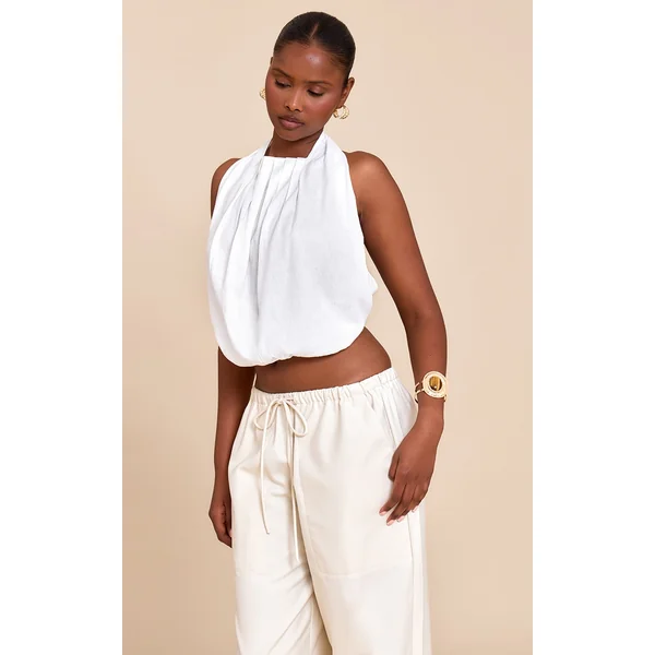 White Linen Blend Highneck Backless Puffball Top
