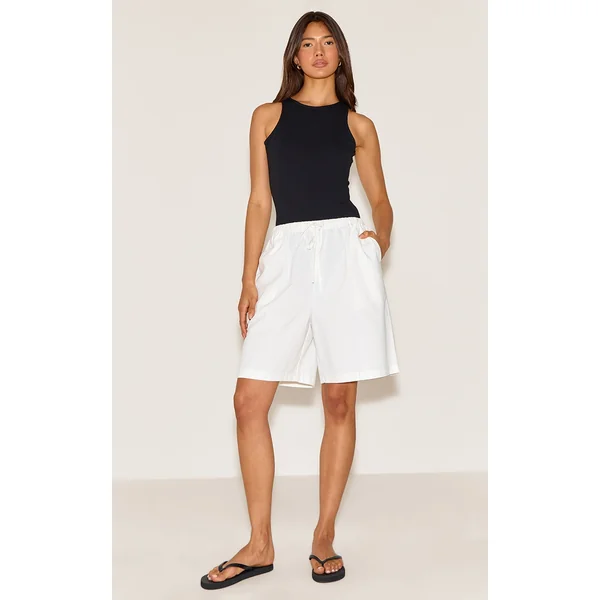 White Linen Blend Longline Shorts
