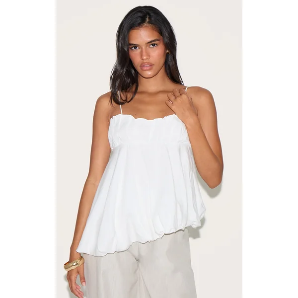 White Linen Blend Puff Ball Asymmetric Cami
