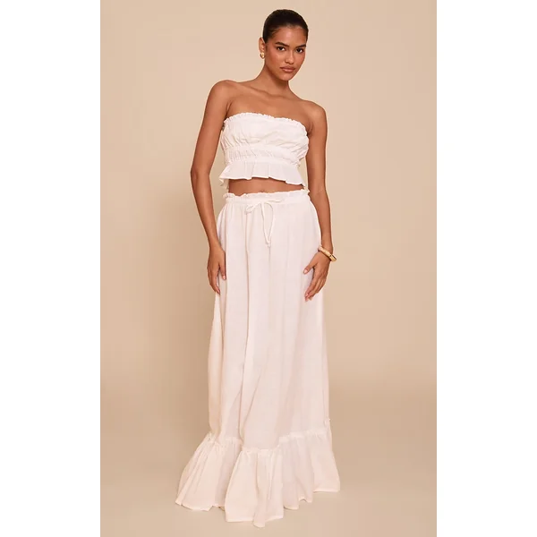 White Linen Blend Shirred Waist Maxi Skirt