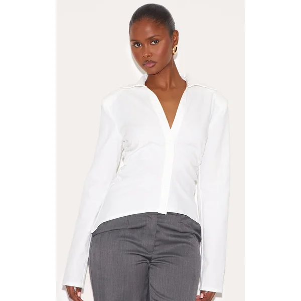White Linen Blend Shoulder Padded Fitted Shirt