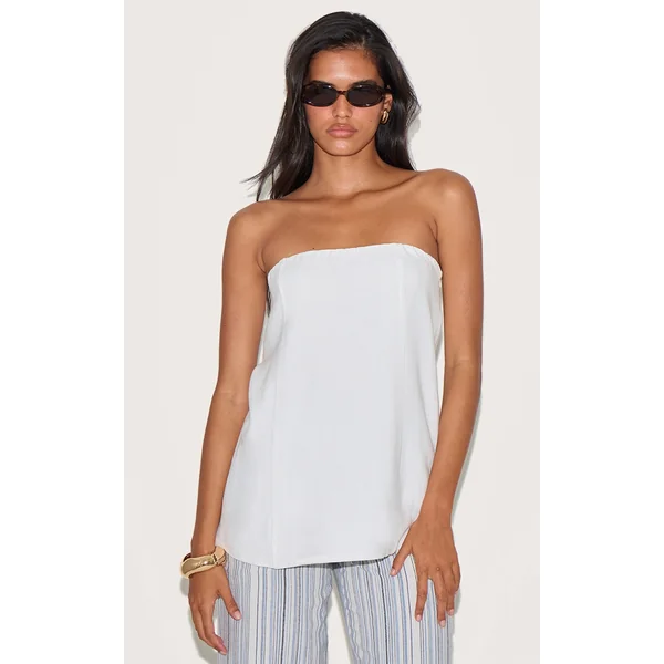White Linen Look Bandeau Long Line Top